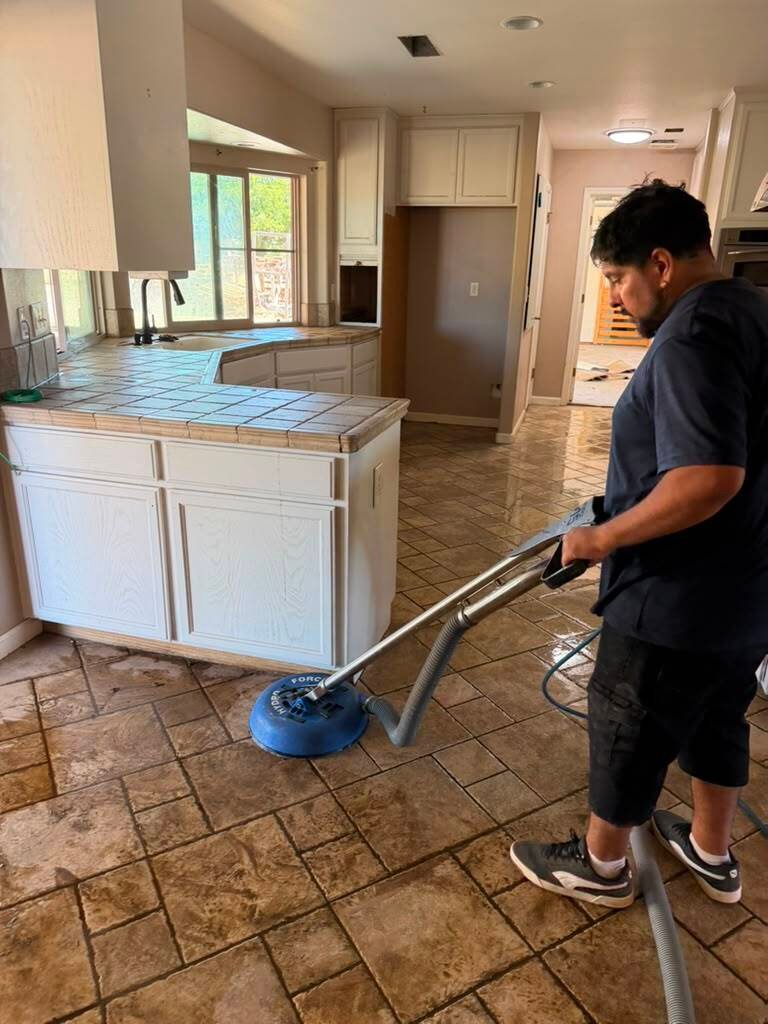 Professional kitchen tile floor scrubbing - Fresno CA