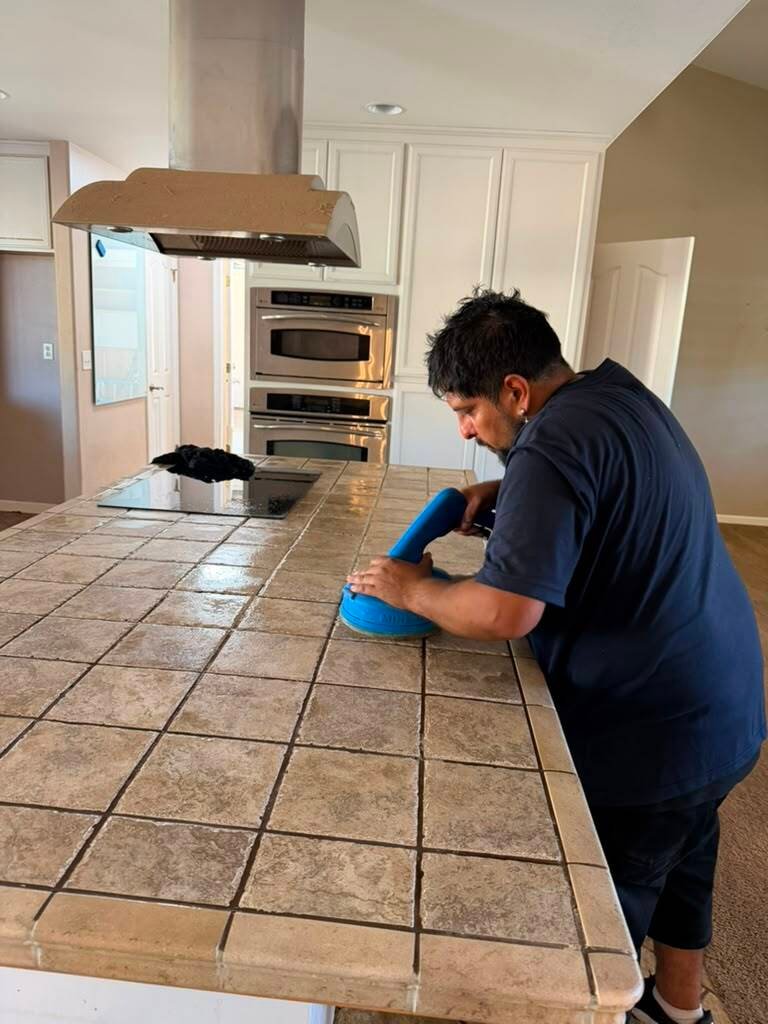 Kitchen island tile grout scrubbing - Fresno CA